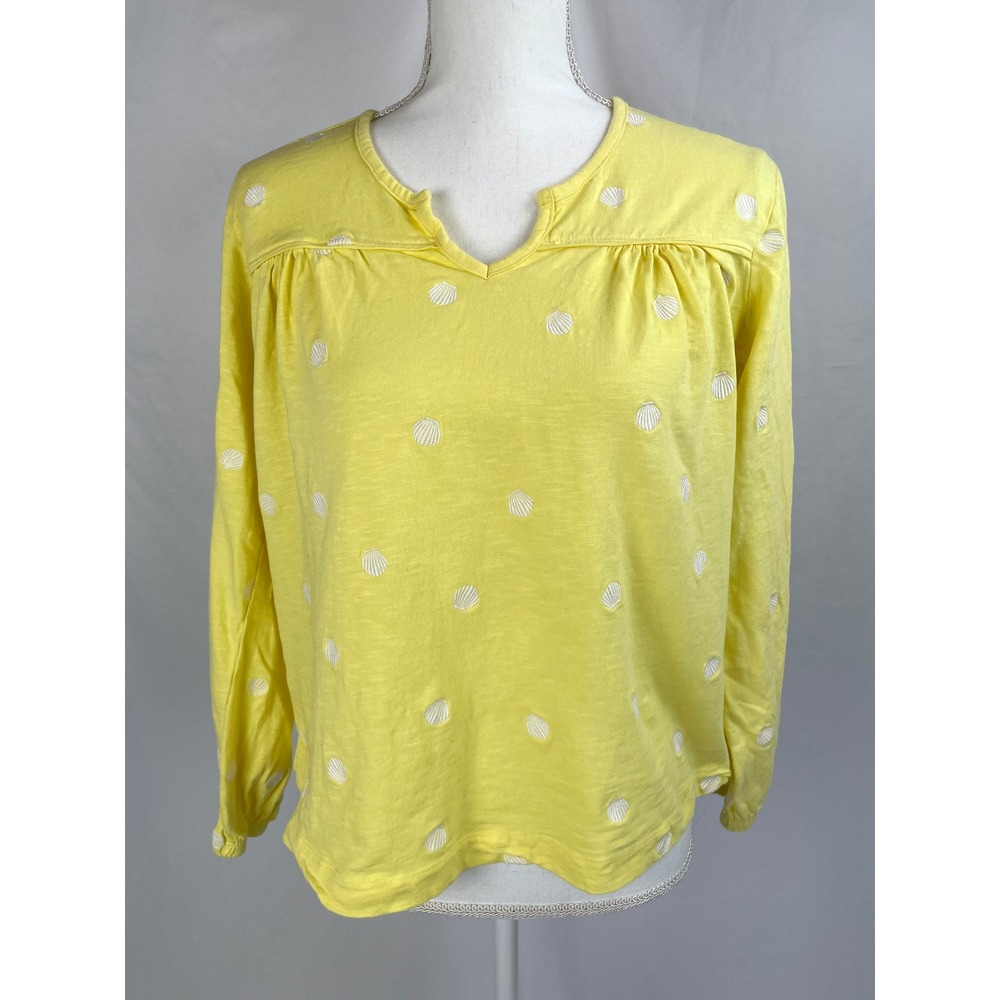 Lands' End Shirt Women Medium Yellow Embroidered Shell Split Neck Coastal